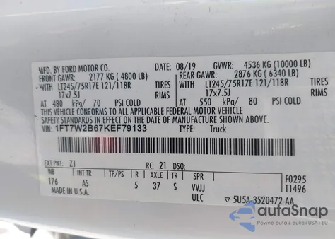 2019 Ford F-250 Xl z USA, uszkodzony, nr VIN 1FT7W2B67KEF79133